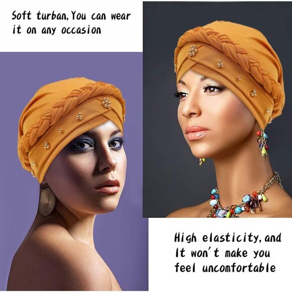 African Women Turban Cap Twisted Beaded Braid Head Wraps Pre-Tied Chemo Headscar - Picture 2 of 9